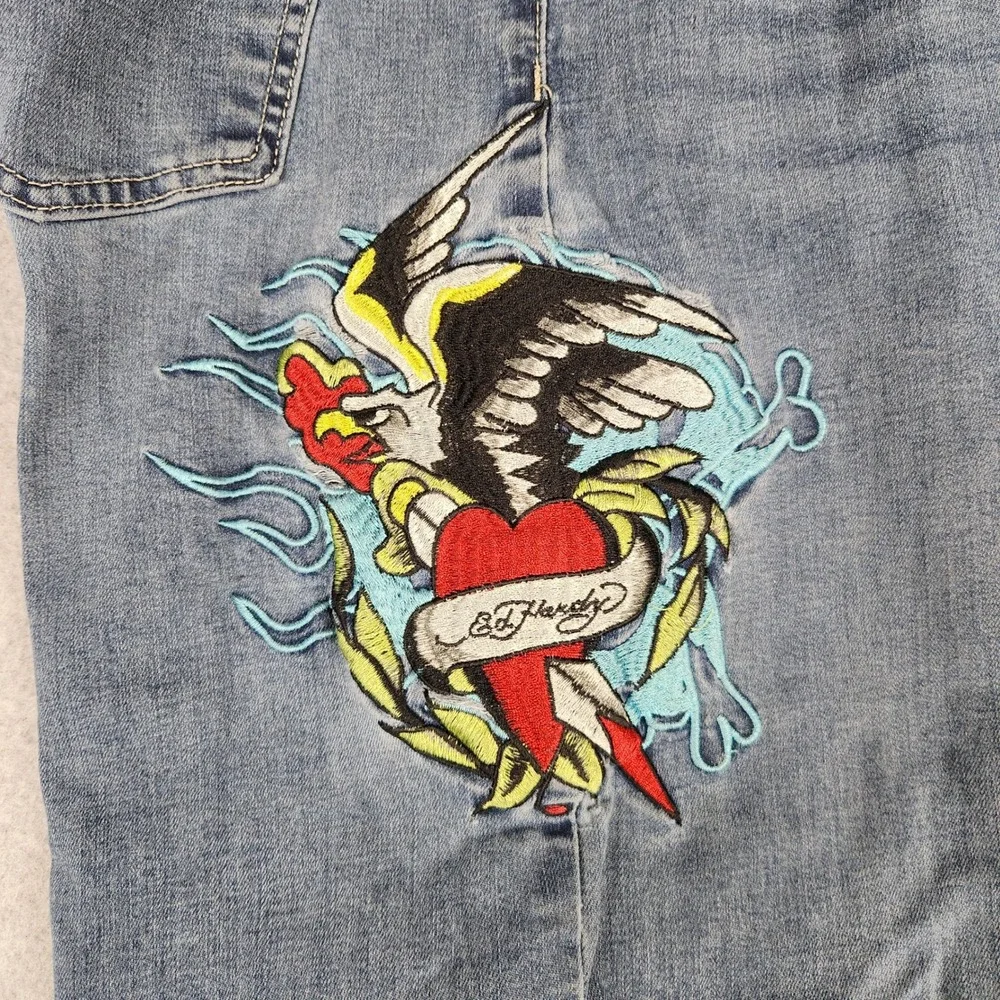 Ed Hardy Jeans Women's 32 Blue Wide Leg Tattoo Embroidered Eagle Heart Graphic‎
